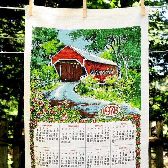 Vintage 1978 Red Covered Bridge in Spring/Summer w/ Flowers Calendar Tea Towel - Picture 2 of 8